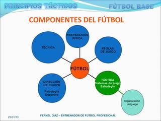 COMPONENTES DEL FÚTBOL
                            PREPARACIÓN
                               FÍSICA


             TÉCNICA                              REGLAS
                                                 DE JUEGO




                               FÚTBOL

                                                   TÁCTICA
              DIRECCIÓN
                                              Sistemas de juego
              DE EQUIPO
                                                  Estrategia
                   …
               Psicología
               Deportiva

                                                                  Organización
                                                                    del juego



             FERNEL DIAZ – ENTRENADOR DE FÚTBOL PROFESIONAL
25/01/13
 