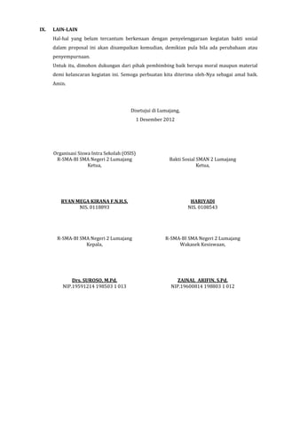 IX. LAIN-LAIN
Hal-hal yang belum tercantum berkenaan dengan penyelenggaraan kegiatan bakti sosial
dalam proposal ini akan disampaikan kemudian, demikian pula bila ada perubahaan atau
penyempurnaan.
Untuk itu, dimohon dukungan dari pihak pembimbing baik berupa moral maupun material
demi kelancaran kegiatan ini. Semoga perbuatan kita diterima oleh-Nya sebagai amal baik.
Amin.
Disetujui di Lumajang,
1 Desember 2012
Organisasi Siswa Intra Sekolah (OSIS)
R-SMA-BI SMA Negeri 2 Lumajang
Ketua,
RYAN MEGA KIRANA F.N.H.S.
NIS. 0118893
Bakti Sosial SMAN 2 Lumajang
Ketua,
HARIYADI
NIS. 0108543
R-SMA-BI SMA Negeri 2 Lumajang
Kepala,
Drs. SUROSO, M.Pd.
NIP.19591214 198503 1 013
R-SMA-BI SMA Negeri 2 Lumajang
Wakasek Kesiswaan,
ZAINAL ARIFIN, S.Pd.
NIP.19600814 198803 1 012
 