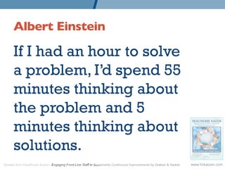 Albert Einstein 	


      If I had an hour to solve
      a problem, I’d spend 55
      minutes thinking about
      the problem and 5
      minutes thinking about
      solutions.
Quotes from Healthcare Kaizen: Engaging Front-Line Staff in Sustainable Continuous Improvements by Graban  Swartz   www.hckaizen.com
 