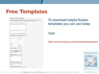 Free Templates	

                                                                    To download helpful Kaizen
                                                                    templates you can use today

                                                                    Visit:

                                                                    http://www.hckaizen.com/downloads/templates/




Quotes from Healthcare Kaizen: Engaging Front-Line Staff in Sustainable Continuous Improvements by Graban  Swartz   www.hckaizen.com
 