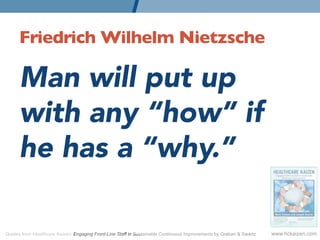 Friedrich Wilhelm Nietzsche 	


      Man will put up
      with any “how” if
      he has a “why.”
      
Quotes from Healthcare Kaizen: Engaging Front-Line Staff in Sustainable Continuous Improvements by Graban  Swartz   www.hckaizen.com
 