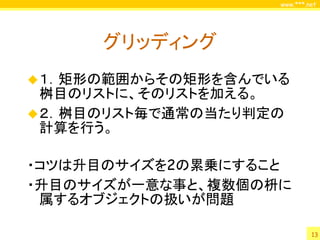 www.***.net




      グリッディング
 １．矩形の範囲からその矩形を含んでいる
  桝目のリストに、そのリストを加える。
 ２．桝目のリスト毎で通常の当たり判定の
  計算を行う。

・コツは升目のサイズを2の累乗にすること
・升目のサイズが一意な事と、複数個の枡に
 属するオブジェクトの扱いが問題

                             13
 