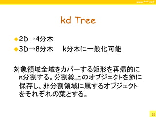 www.***.net




           kd Tree
 2D→4分木
 3D→8分木   k分木に一般化可能

対象領域全域をカバーする矩形を再帰的に
 n分割する。分割線上のオブジェクトを節に
 保存し、非分割領域に属するオブジェクト
 をそれぞれの葉とする。

                                15
 