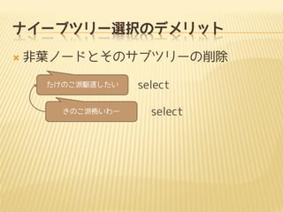 ナイーブツリー選択のデメリット


非葉ノードとそのサブツリーの削除
たけのこ派駆逐したい

きのこ派怖いわー

select

select

 