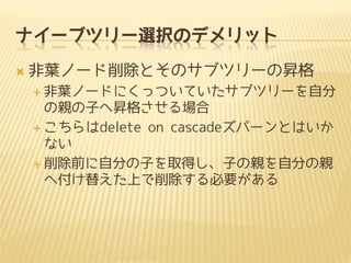 ナイーブツリー選択のデメリット


非葉ノード削除とそのサブツリーの昇格
 非葉ノードにくっついていたサブツリーを自分

の親の子へ昇格させる場合
 こちらはdelete on cascadeズパーンとはいか
ない
 削除前に自分の子を取得し、子の親を自分の親
へ付け替えた上で削除する必要がある

 