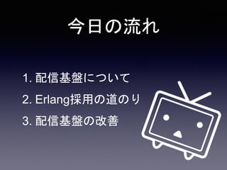 今日の流れ
1. 配信基盤について
2. Erlang採用の道のり
3. 配信基盤の改善
 