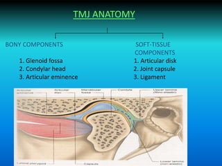 TMJ ANATOMY
BONY COMPONENTS SOFT-TISSUE
COMPONENTS
1. Glenoid fossa 1. Articular disk
2. Condylar head 2. Joint capsule
3. Articular eminence 3. Ligament
 