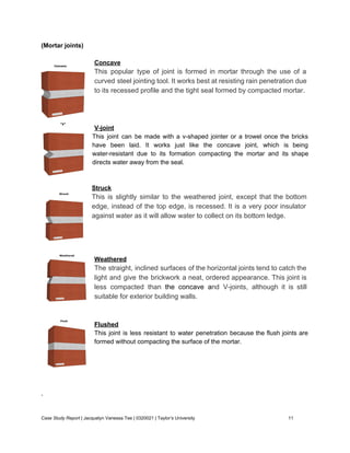 (Mortar joints) 
 
Concave 
This popular type of joint is formed in mortar through the use of a                           
curved steel jointing tool. It works best at resisting rain penetration due                       
to its recessed profile and the tight seal formed by compacted mortar. 
 
 
 
V­joint 
This joint can be made with a v­shaped jointer or a trowel once the bricks                             
have been laid. It works just like the concave joint, which is being                         
water­resistant due to its formation compacting the mortar and its shape                     
directs water away from the seal.  
 
 
Struck 
This is slightly similar to the weathered joint, except that the bottom                       
edge, instead of the top edge, is recessed. It is a very poor insulator                           
against water as it will allow water to collect on its bottom ledge. 
 
 
 
 
Weathered 
The straight, inclined surfaces of the horizontal joints tend to catch the                       
light and give the brickwork a neat, ordered appearance. This joint is                       
less compacted than the concave a​nd V­joints, although it is still                     
suitable for exterior building walls.  
 
 
Flushed 
This joint is less resistant to water penetration because the flush joints are                         
formed without compacting the surface of the mortar. 
 
 
 
 
 
. 
 
Case Study Report​ | Jacquelyn Vanessa Tee | 0320021 | Taylor’s University 11 
 