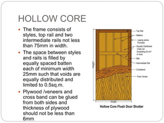 HOLLOW CORE
 The frame consists of
styles, top rail and two
intermediate rails not less
than 75mm in width.
 The space between styles
and rails is filled by
equally spaced batten
each of minimum width
25mm such that voids are
equally distributed and
limited to 0.5sq.m.
 Plywood /veneers and
cross band can be glued
from both sides and
thickness of plywood
should not be less than
6mm
 