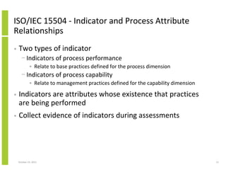 ISO/IEC 15504 - Indicator and Process Attribute
Relationships
•

Two types of indicator
− Indicators of process performance
• Relate to base practices defined for the process dimension

− Indicators of process capability
• Relate to management practices defined for the capability dimension

•

Indicators are attributes whose existence that practices
are being performed

•

Collect evidence of indicators during assessments

October 23, 2013

12

 