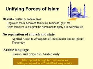 Unifying Forces of Islam Shariah -  System or code of laws  Regulated moral behavior, family life, business, govt. etc.  Helps followers to interpret the Koran and to apply it to everyday life No separation of church and state   Applied Koran to  all  aspects of life (secular and religious) Theocracy Arabic language Koran and prayer in Arabic only Islam spread through two main avenues:  Military conquest, and Trade/Missionary activity.  