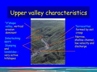 Upper valley characteristics “ V”shape valley , vertical erosion dominant Interlocking  spurs Slumping  and  landslides  - very active hillslopes Terracettes  formed by soil creep Narrow, shallow channel, low velocity and discharge 