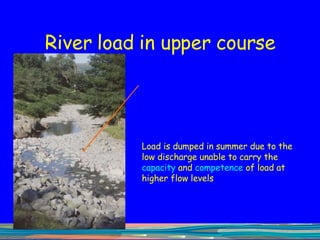 River load in upper course Load is dumped in summer due to the low discharge unable to carry the  capacity  and  competence  of load at higher flow levels 