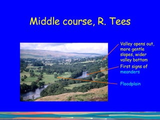 Middle course, R. Tees Valley opens out, more gentle slopes, wider valley bottom First signs of  meanders Floodplain 