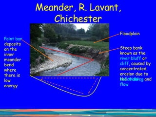 Meander, R. Lavant, Chichester Floodplain Steep bank known as the  river bluff  or  cliff , caused by concentrated erosion due to the  thalweg  and Point bar  deposits on the inner meander bend where there is low energy helicoidal flow 