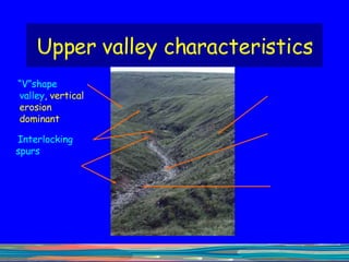 Upper valley characteristics “ V”shape valley , vertical erosion dominant Interlocking  spurs 