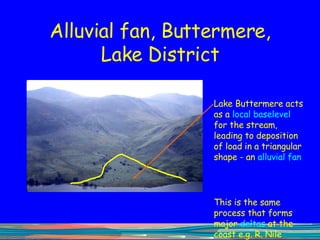 Alluvial fan, Buttermere, Lake District Lake Buttermere acts as a  local baselevel  for the stream, leading to deposition of load in a triangular shape - an  alluvial fan This is the same process that forms major  deltas  at the coast e.g. R. Nile 