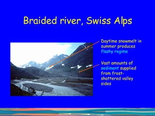 Braided river, Swiss Alps Daytime snowmelt in summer produces  flashy   regime Vast amounts of  sediment  supplied from frost-shattered valley sides 