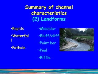 Summary of channel characteristics (2) Landforms Rapids Waterfall Pothole Meander Bluff/cliff Point bar Pool Riffle 