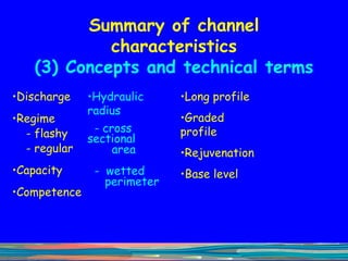 Summary of channel characteristics (3) Concepts and technical terms Discharge Regime - flashy - regular Capacity Competence Hydraulic radius - cross  sectional area -  wetted  perimeter Long profile Graded  profile Rejuvenation Base level 