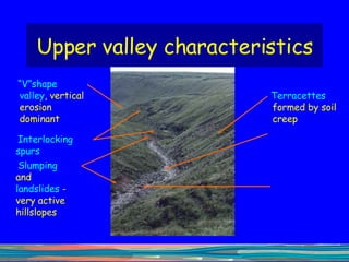 Upper valley characteristics “ V”shape valley , vertical erosion dominant Interlocking  spurs Slumping  and  landslides  - very active hillslopes Terracettes  formed by soil creep 