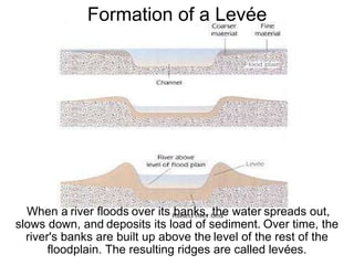   When a   river floods   over its banks, the water   spreads out, slows down, and   deposits its load of sediment.   Over time, the river's banks are built up above the   level of the rest of the   floodplain. The resulting ridges are called levées. Formation of a Levée 