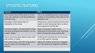 STYLISTIC FEATURES
Features Effect
First camera shot of the series is of the
road sign stating it’s the Royal Marines
training camp
This is an establishing shot, showing the
audience immediately where abouts the
episode is set.
Montage of fast paced clips of
highlights of the series
Some funny, some emotional: draws the
reader in and introduces them to what
the programme will be like
Voiceover begins, introducing the series
and giving background statistics on the
subject matter
Again, giving the reader some
background information and informing
them of what the series will be like.
Music and voice stop; black screen with
title written in white.
Finishing the introduction and moving
on to that specific episode
First scene starts, with title of episode at
top of screen and hashtag at the
bottom
Allows the reader to become engaged
with the series and heightens publicity
 