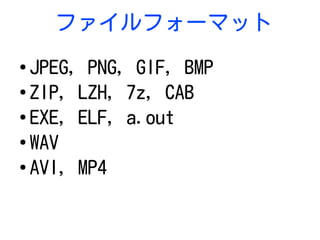 ファイルフォーマット
●
JPEG, PNG, GIF, BMP
●
ZIP, LZH, 7z, CAB
●
EXE, ELF, a.out
●
WAV
●
AVI, MP4
 