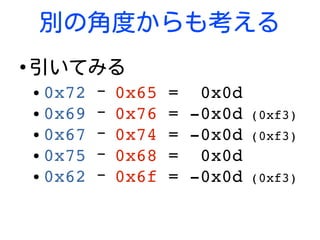 別の角度からも考える
●
引いてみる
● 0x72 - 0x65 =  0x0d
● 0x69 - 0x76 = ­0x0d (0xf3)
● 0x67 - 0x74 = ­0x0d (0xf3)
● 0x75 - 0x68 =  0x0d
● 0x62 - 0x6f = ­0x0d (0xf3)
 