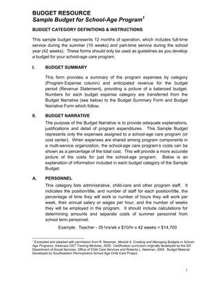 BUDGET RESOURCE
Sample Budget for School-Age Program1
BUDGET CATEGORY DEFINITIONS & INSTRUCTIONS

This sample budget represents 12 months of operation, which includes full-time
service during the summer (10 weeks) and part-time service during the school
year (42 weeks). These forms should only be used as guidelines as you develop
a budget for your school-age care program.

I.      BUDGET SUMMARY

        This form provides a summary of the program expenses by category
        (Program Expense column) and anticipated revenue for the budget
        period (Revenue Statement), providing a picture of a balanced budget.
        Numbers for each budget expense category are transferred from the
        Budget Narrative (see below) to the Budget Summary Form and Budget
        Narrative Form which follow.

II.     BUDGET NARRATIVE
        The purpose of the Budget Narrative is to provide adequate explanations,
        justifications and detail of program expenditures. This Sample Budget
        represents only the expenses assigned to a school-age care program (or
        cost center). When expenses are shared among program components in
        a multi-service organization, the school-age care program’s costs can be
        shown as a percentage of the total cost. This will provide a more accurate
        picture of the costs for just the school-age program. Below is an
        explanation of information included in each budget category of the Sample
        Budget.

A.      PERSONNEL
        This category lists administrative, child-care and other program staff. It
        indicates the position/title, and number of staff for each position/title, the
        percentage of time they will work or number of hours they will work per
        week, their annual salary or wages per hour, and the number of weeks
        they will be employed in the program. It should include calculations for
        determining amounts and separate costs of summer personnel from
        school term personnel.
                Example: Teacher - 35 hrs/wk x $10/hr x 42 weeks = $14,700

1
 Excerpted and adapted with permission from R. Newman, Module 6, Creating and Managing Budgets in School-
Age Programs, Arkansas OST Training Modules, 2009. Certification curriculum originally developed by the SD
Department of Social Services, Office of Child Care Services and Roberta L. Newman, 2004. Budget Material
Developed by Southeastern Pennsylvania School Age Child Care Project.




                                                                                                    1
 