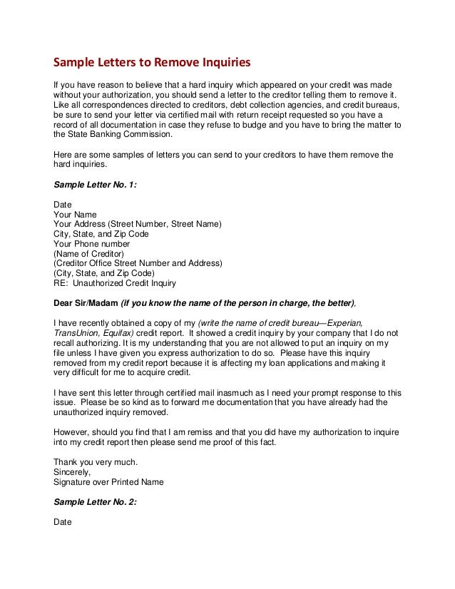 Hard Inquiry Removal Letter Template