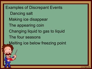 Examples of Discrepant Events
Dancing salt
Making ice disappear
The appearing coin
Changing liquid to gas to liquid
The four seasons
Melting ice below freezing point
 