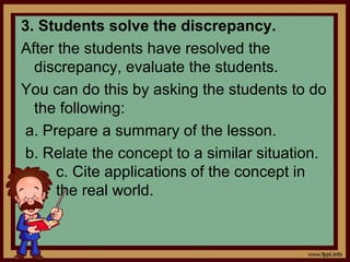 3. Students solve the discrepancy.
After the students have resolved the
discrepancy, evaluate the students.
You can do this by asking the students to do
the following:
a. Prepare a summary of the lesson.
b. Relate the concept to a similar situation.
c. Cite applications of the concept in
the real world.
 