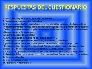 1.-McConker,Sangre,Caseina, Cetrimida y Mueller-Hinton
2.-Suelo,tierrar,agua,animales ,naturaleza
3.-Gram negativas,Bacilos encapsulados y móviles ,Aerobios obligados ,Oxidasa positivos
,Producen pigmentos verdes y azules que sedifunden (piocianina o pioverdina,fluoresceína)
,Oxidan carbohidratos como las galactosa pero no los fermentan ,Es común la presencia de
plásmidos pero no forman esporas
,Se cultivan en agar de MacConkey
4.-36º C incluso alos 41º C pero np por debajo de los 4º C
5.-Aminoglicosidos (gentamicina,amikacina, tobramicina) ,Quinolonas
(ciprofloxacino,levofloxacino) ,Cefalosporinas (ceftazidima,cefepima, cefpiroma)
,Ureidopenicilinas (piperacilina,ticarcilina) ,Carbapenem (meropenem,imipenem, y no
ertapenema) ,Polimixinas (polimixina B,colistina) ,Monobactamos (aztreonam)
6.-Cápsula,Pili,Lipopolisacárido,Toxinas y Enzima,Piocianina y Resistencia a antibióticos
7.- Exudados de heridas (cultivos) ,Urocultivo,Hemocultivo ,Examen en fresco,Coprocultivos
8.- Aerobios obligados
9.- a los inmunosuprimidos
10.- Exotoxina A y Exotoxina S
 