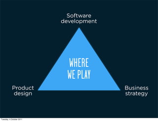 Software
                          development




                            WHERE
                            WE PLAY
           Product                      Business
           design                       strategy



Tuesday, 4 October 2011
 