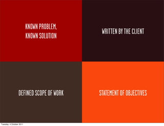 KNOWN PROBLEM,
                                            WRITTEN BY THE CLIENT
                          KNOWN SOLUTION




                  DEFINED SCOPE OF WORK    STATEMENT OF OBJECTIVES


Tuesday, 4 October 2011
 