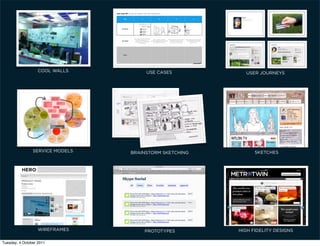 COOL WALLS         USE CASES            USER JOURNEYS




                SERVICE MODELS   BRAINSTORM SKETCHING         SKETCHES




                   WIREFRAMES        PROTOTYPES         HIGH FIDELITY DESIGNS

Tuesday, 4 October 2011
 