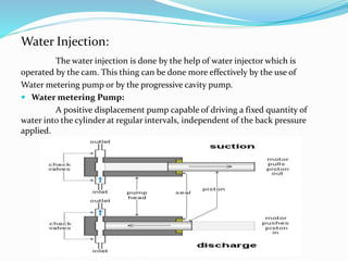 Water Injection:
The water injection is done by the help of water injector which is
operated by the cam. This thing can be done more effectively by the use of
Water metering pump or by the progressive cavity pump.
 Water metering Pump:
A positive displacement pump capable of driving a fixed quantity of
water into the cylinder at regular intervals, independent of the back pressure
applied.
 