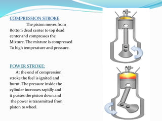 COMPRESSION STROKE
The piston moves from
Bottom dead center to top dead
center and compresses the
Mixture. The mixture is compressed
To high temperature and pressure.
POWER STROKE:
At the end of compression
stroke the fuel is ignited and
burnt. The pressure inside the
cylinder increases rapidly and
it pusses the piston down and
the power is transmitted from
piston to wheel.
 