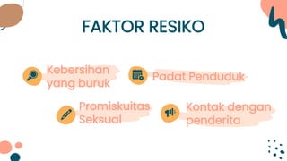 FAKTOR RESIKO
Kebersihan
yang buruk
Promiskuitas
Seksual
Padat Penduduk
Kontak dengan
penderita
 