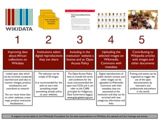 Improving data
about African
collections on
Wikidata
Uploading the
selected images on
Wikimedia
Commons with
metadata
Contributing to
Wikipedia articles
with images and
other documents
The Open Access Policy
have to include the terms
and conditions for the
reuse (recommended the
open tool CC0) and it can
refer to the CARE
principles for Indigenous
Data Governance https://
www.gida-global.org/care
Institutions select
digital reproductions
they can share
Including in the
institution’ website a
license and an Open
Access Policy
5
4
3
2
1
The selection can be
simply of 20 images.
It is recommended for the
pilot to start with
something simple
(something already online
on your website).
Training and events can be
organised to trigger the
use of the open
documentation by
volunteers and
professionals everywhere
in the world
Linked open data which
can be enriched, compared,
searched and used also to
monitor changes, produce
visualisations, and
contribute to research
You can reuse those data
on other websites, create
maps, produce interactive
visualizations…
A support can be asked to the Wikimedia Foundation for the data impoundment on Wikidata, the uploads and the trainings and events.
Digital reproductions of
public domain content and
other images can be
uploaded on Wikimedia
Commons with their
metadata, they are
associated to the
institution and they can be
enriched with new
categories, information and
links
 