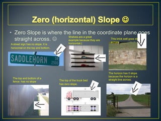 Zero (horizontal) Slope Zero Slope is where the line in the coordinate plane goes straight across. Shelves are a great example because they are horizontal.(:This brick wall goes straight across.A street sign has no slope. It is horizontal on the top and bottom.The horizon has 0 slope because the horizon is a straight line across.The top and bottom of a fence  has no slopeThe top of the truck bed has zero slope.