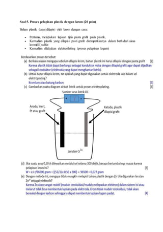 Soal 5. Proses pelapisan plastik dengan krom (20 poin)
Bahan plastik dapat dilapisi oleh krom dengan cara:
 Pertama, melapiskan lapisan tipis pasta grafit pada plastik,
 Kemudian plastik yang dilapisi pasti grafit ditempatkannya dalam bath dari akua
krom(III)sulfat
 Kemudian dilakukan elektroplating (proses pelapisan logam)
 