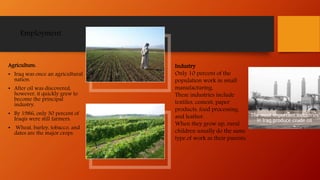 Employment
Agriculture:
• Iraq was once an agricultural
nation.
• After oil was discovered,
however, it quickly grew to
become the principal
industry.
• By 1986, only 30 percent of
Iraqis were still farmers.
• Wheat, barley, tobacco, and
dates are the major crops.
Industry
Only 10 percent of the
population work in small
manufacturing.
These industries include
textiles, cement, paper
products, food processing,
and leather.
When they grow up, rural
children usually do the same
type of work as their parents.
The most important industries
in Iraq produce crude oil
 