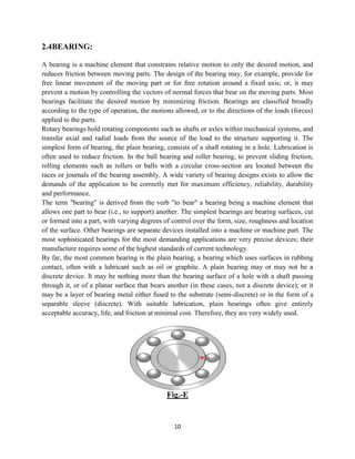 2.4BEARING:
A bearing is a machine element
reduces friction between moving parts
free linear movement of the mov
prevent a motion by controlling the
bearings facilitate the desired motion by minimizing
according to the type of operation, the motions allowed, or to the directions of the loads (forces)
applied to the parts.
Rotary bearings hold rotating components such as
transfer axial and radial loads from the source of the load to the structure
simplest form of bearing, the plain bearing
often used to reduce friction. In the
rolling elements such as rollers or balls with a circular cross
races or journals of the bearing assembly. A wide variety of bearing designs exists to allow the
demands of the application to be correctly met for m
and performance.
The term "bearing" is derived from the verb "
allows one part to bear (i.e., to support) another. The simplest bearings are
or formed into a part, with varying degrees of control over the form, size,
of the surface. Other bearings are separate devices installed into a machine or machine part. The
most sophisticated bearings for the most demanding a
manufacture requires some of the highest standards of
By far, the most common bearing is the
contact, often with a lubricant such as oil or graphite. A plain bearing may or may not be a
discrete device. It may be nothing more than the
through it, or of a planar surface that
may be a layer of bearing metal
separable sleeve (discrete). With suitab
acceptable accuracy, life, and friction at minimal cost. Therefore, they are very widely used.
10
machine element that constrains relative motion to only the desired motion, and
moving parts. The design of the bearing may, for example, provide for
movement of the moving part or for free rotation around a fixed axis
prevent a motion by controlling the vectors of normal forces that bear on the moving parts. Most
bearings facilitate the desired motion by minimizing friction. Bearings are classified broadly
according to the type of operation, the motions allowed, or to the directions of the loads (forces)
Rotary bearings hold rotating components such as shafts or axles within mechanical systems, and
transfer axial and radial loads from the source of the load to the structure supporting it. The
plain bearing, consists of a shaft rotating in a hole.
often used to reduce friction. In the ball bearing and roller bearing, to prevent sliding
rolling elements such as rollers or balls with a circular cross-section are located between the
races or journals of the bearing assembly. A wide variety of bearing designs exists to allow the
demands of the application to be correctly met for maximum efficiency, reliability, durability
The term "bearing" is derived from the verb "to bear" a bearing being a machine element that
., to support) another. The simplest bearings are bearing surfaces
or formed into a part, with varying degrees of control over the form, size, roughness
of the surface. Other bearings are separate devices installed into a machine or machine part. The
most sophisticated bearings for the most demanding applications are very precise
manufacture requires some of the highest standards of current technology.
By far, the most common bearing is the plain bearing, a bearing which uses surfaces in rubbing
such as oil or graphite. A plain bearing may or may not be a
device. It may be nothing more than the bearing surface of a hole with a shaft passing
through it, or of a planar surface that bears another (in these cases, not a discrete device); or it
bearing metal either fused to the substrate (semi-discrete) or in the form of a
separable sleeve (discrete). With suitable lubrication, plain bearings often give entirely
acceptable accuracy, life, and friction at minimal cost. Therefore, they are very widely used.
Fig.-E
that constrains relative motion to only the desired motion, and
. The design of the bearing may, for example, provide for
rotation around a fixed axis; or, it may
that bear on the moving parts. Most
friction. Bearings are classified broadly
according to the type of operation, the motions allowed, or to the directions of the loads (forces)
within mechanical systems, and
supporting it. The
, consists of a shaft rotating in a hole. Lubrication is
, to prevent sliding friction,
section are located between the
races or journals of the bearing assembly. A wide variety of bearing designs exists to allow the
aximum efficiency, reliability, durability
" a bearing being a machine element that
bearing surfaces, cut
roughness and location
of the surface. Other bearings are separate devices installed into a machine or machine part. The
precise devices; their
, a bearing which uses surfaces in rubbing
such as oil or graphite. A plain bearing may or may not be a
of a hole with a shaft passing
s, not a discrete device); or it
discrete) or in the form of a
le lubrication, plain bearings often give entirely
acceptable accuracy, life, and friction at minimal cost. Therefore, they are very widely used.
 