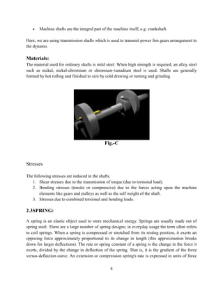  Machine shafts are the integral part of the
Here, we are using transmission shafts which is used to transmit power frm gears arrangemen
the dynamo.
Materials:
The material used for ordinary shafts is
such as nickel, nickel-chromium
formed by hot rolling and finished to size by
Stresses
The following stresses are induced in the shafts.
1. Shear stresses due to the transmission of
2. Bending stresses (tensile
elements like gears and pulleys
3. Stresses due to combined
2.3SPRING:
A spring is an elastic object used to store mechanical
spring steel. There are a large number of spring designs; in everyday usage the term often re
to coil springs. When a spring is compressed or stretched from its resting position, it exerts an
opposing force approximately proportional to its change in length (this approximation breaks
down for larger deflections). The rate or spring constant of a spring is the change in the
exerts, divided by the change in
versus deflection curve. An extension
6
Machine shafts are the integral part of the machine itself; e.g. crankshaft.
Here, we are using transmission shafts which is used to transmit power frm gears arrangemen
The material used for ordinary shafts is mild steel. When high strength is required, an
chromium or chromium-vanadium steel is used. Shafts are generally
shed to size by cold drawing or turning and grinding
Fig.-C
are induced in the shafts.
due to the transmission of torque (due to torsional load).
tensile or compressive) due to the forces acting upon the machine
pulleys as well as the self weight of the shaft.
Stresses due to combined torsional and bending loads.
object used to store mechanical energy. Springs are usually made out of
. There are a large number of spring designs; in everyday usage the term often re
When a spring is compressed or stretched from its resting position, it exerts an
oximately proportional to its change in length (this approximation breaks
down for larger deflections). The rate or spring constant of a spring is the change in the
e change in deflection of the spring. That is, it is the gradient
extension or compression spring's rate is expressed in units of force
.
Here, we are using transmission shafts which is used to transmit power frm gears arrangement to
. When high strength is required, an alloy steel
Shafts are generally
grinding.
) due to the forces acting upon the machine
. Springs are usually made out of
. There are a large number of spring designs; in everyday usage the term often refers
When a spring is compressed or stretched from its resting position, it exerts an
oximately proportional to its change in length (this approximation breaks
down for larger deflections). The rate or spring constant of a spring is the change in the force it
gradient of the force
spring's rate is expressed in units of force
 