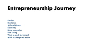 Entrepreneurship Journey
Passion
Resilience
Self confidence
Flexibility
Being innovative
Risk Taking
Want to work for himself
Want to change the world
 