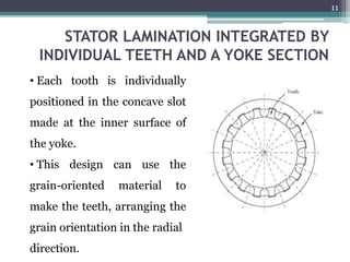 STATOR LAMINATION INTEGRATED BY
INDIVIDUAL TEETH AND A YOKE SECTION
• Each tooth is individually
positioned in the concave slot
made at the inner surface of
the yoke.
• This design can use the
grain-oriented material to
make the teeth, arranging the
grain orientation in the radial
direction.
11
 