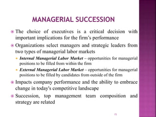  The choice of executives is a critical decision with
important implications for the firm’s performance
 Organizations select managers and strategic leaders from
two types of managerial labor markets
 Internal Managerial Labor Market – opportunities for managerial
positions to be filled from within the firm
 External Managerial Labor Market – opportunities for managerial
positions to be filled by candidates from outside of the firm
 Impacts company performance and the ability to embrace
change in today's competitive landscape
 Succession, top management team composition and
strategy are related
15
 