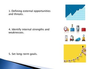 3. Defining external opportunities
and threats.
4. Identify internal strengths and
weaknesses.
5. Set long-term goals.
 